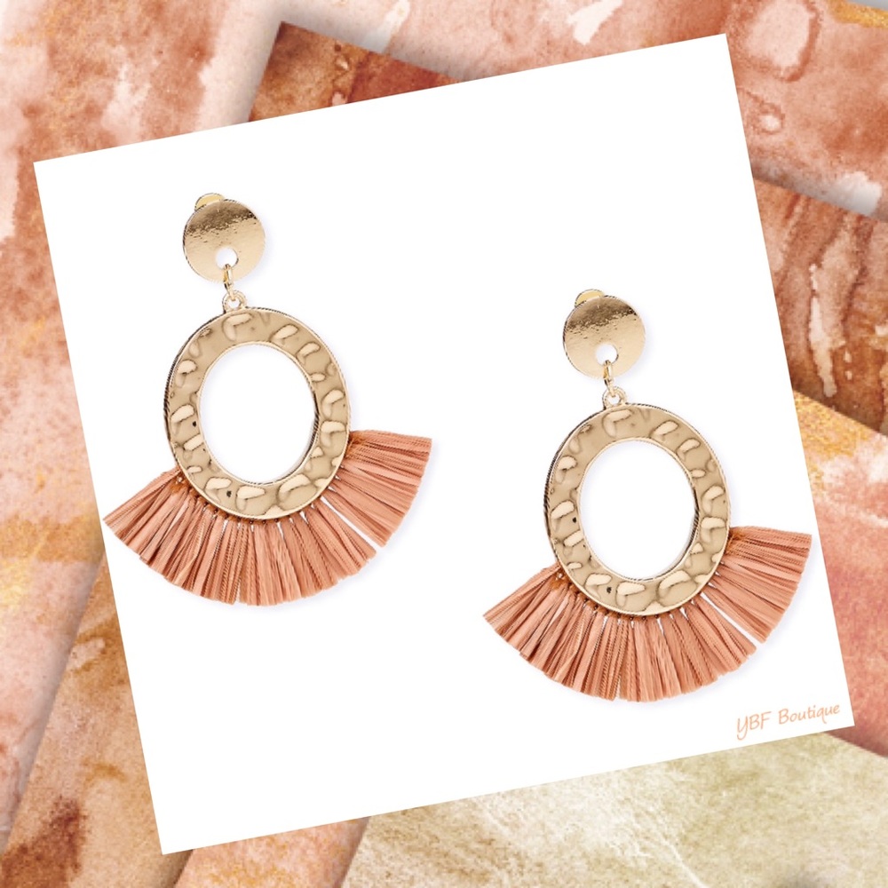 New Gold & Tan Brown Hammered Metal Fringe Drop Post Statement Fashion Earring